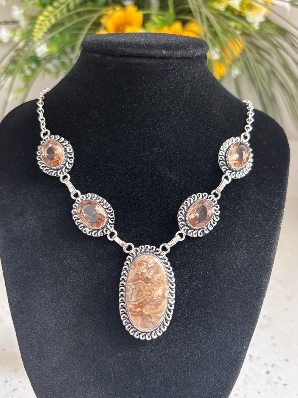 Rock Chalcedony & Morganite Ethnic Artisan Handcrafted Gemstone Link Necklace
